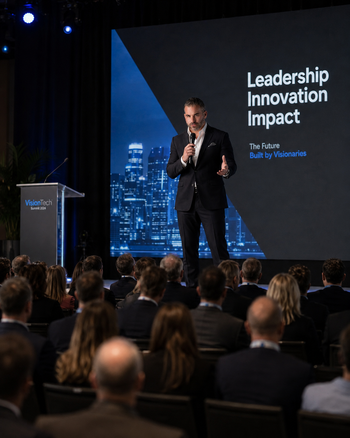 Mario Muñoz speaking on stage at a conference