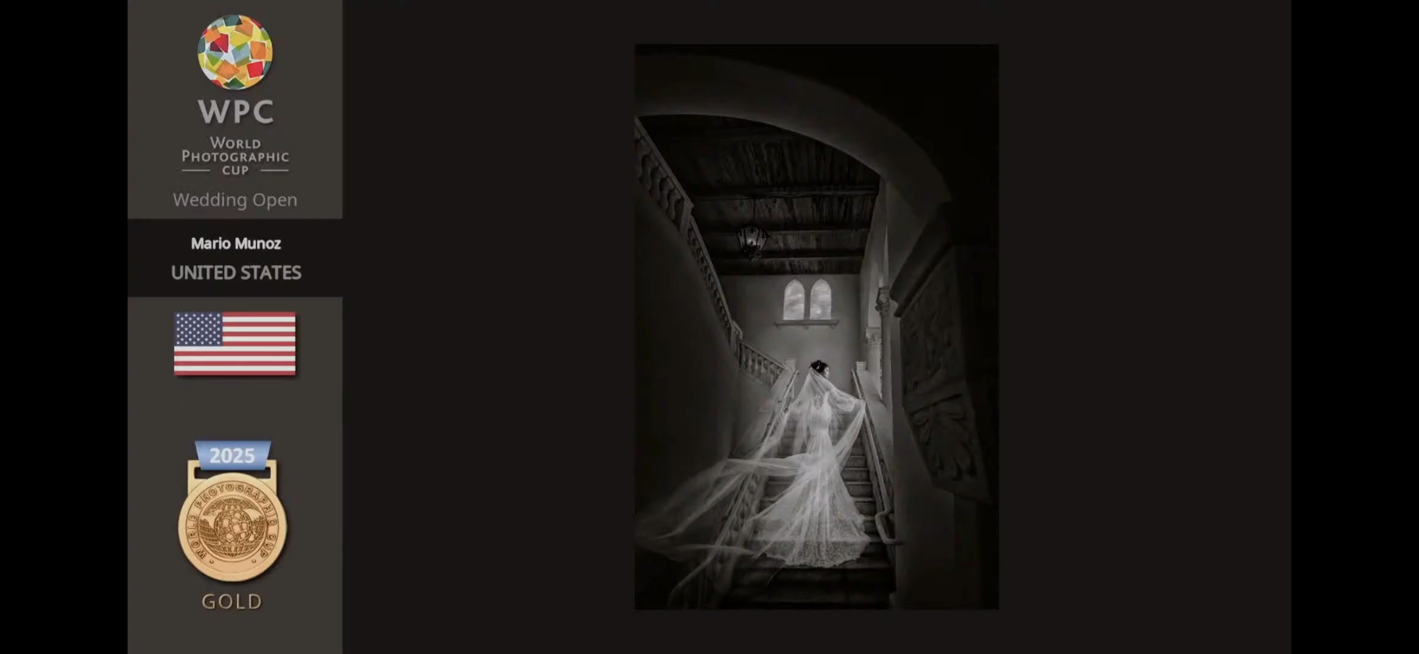 World Photographic Cup Gold award graphic recognizing Mario Muñoz for Wedding Open representing the United States